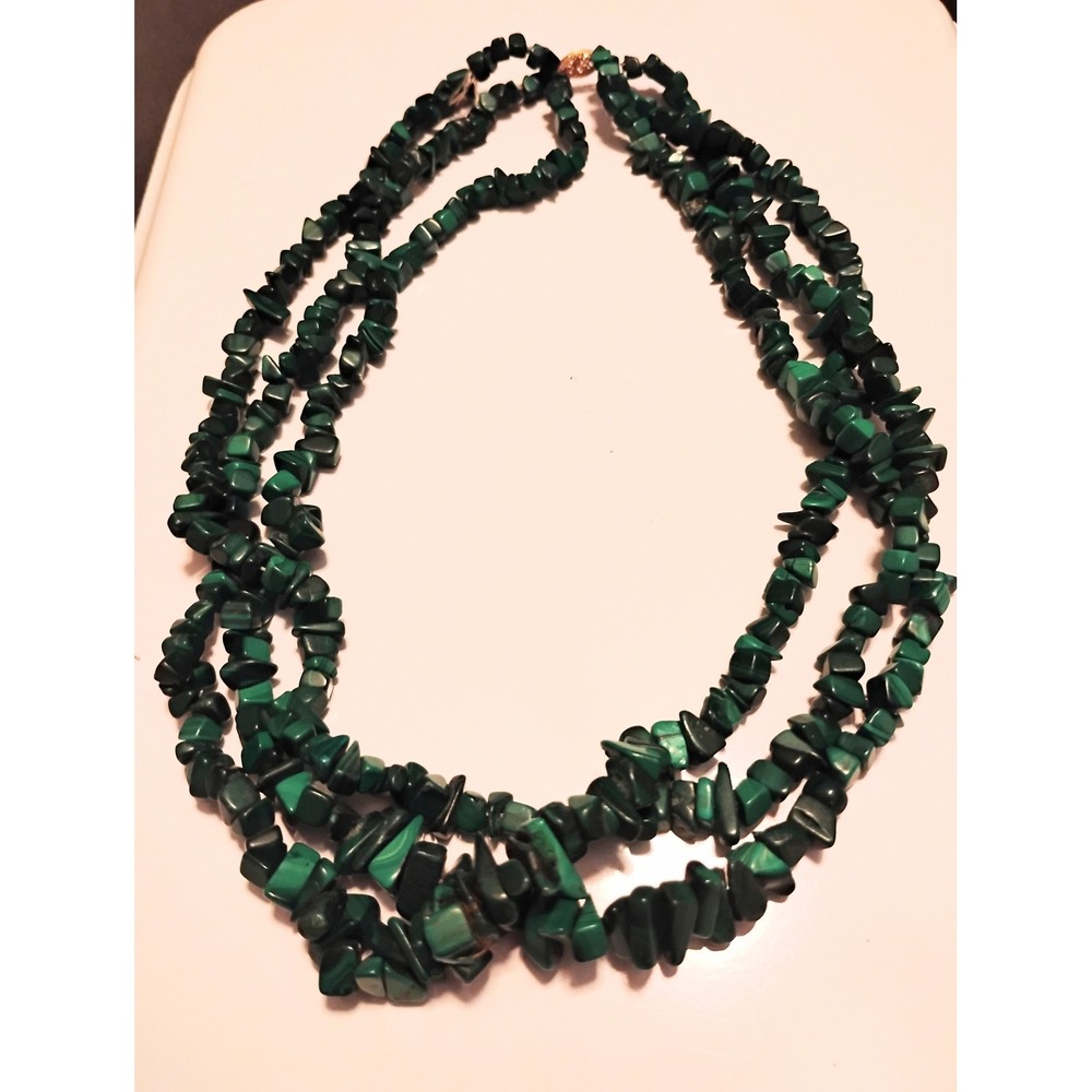 🟢14K SOLID GOLD Clasp Vintage Multi Strand Natural Malachite Luxury‎ Necklace✨